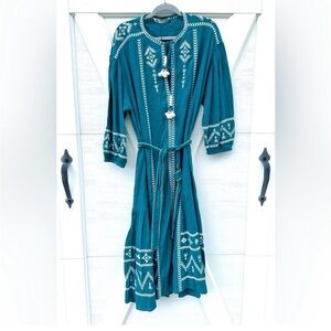 Zara Teal Embroidered Maxi Dress Sz L